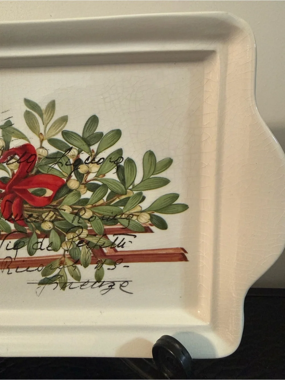 Holiday Sled rectangular Ceramic Tray with vintage postcard image